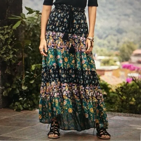 Sundance Beauty in Bloom Smocked Tier Patchwork Floral Hi-low Maxi Skirt Size L