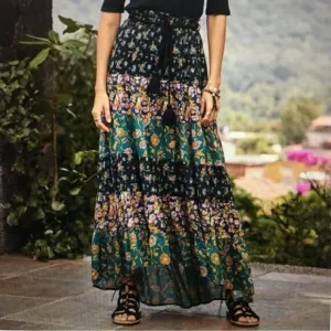 Sundance Beauty in Bloom Smocked Tier Patchwork Floral Hi-low Maxi Skirt Size L