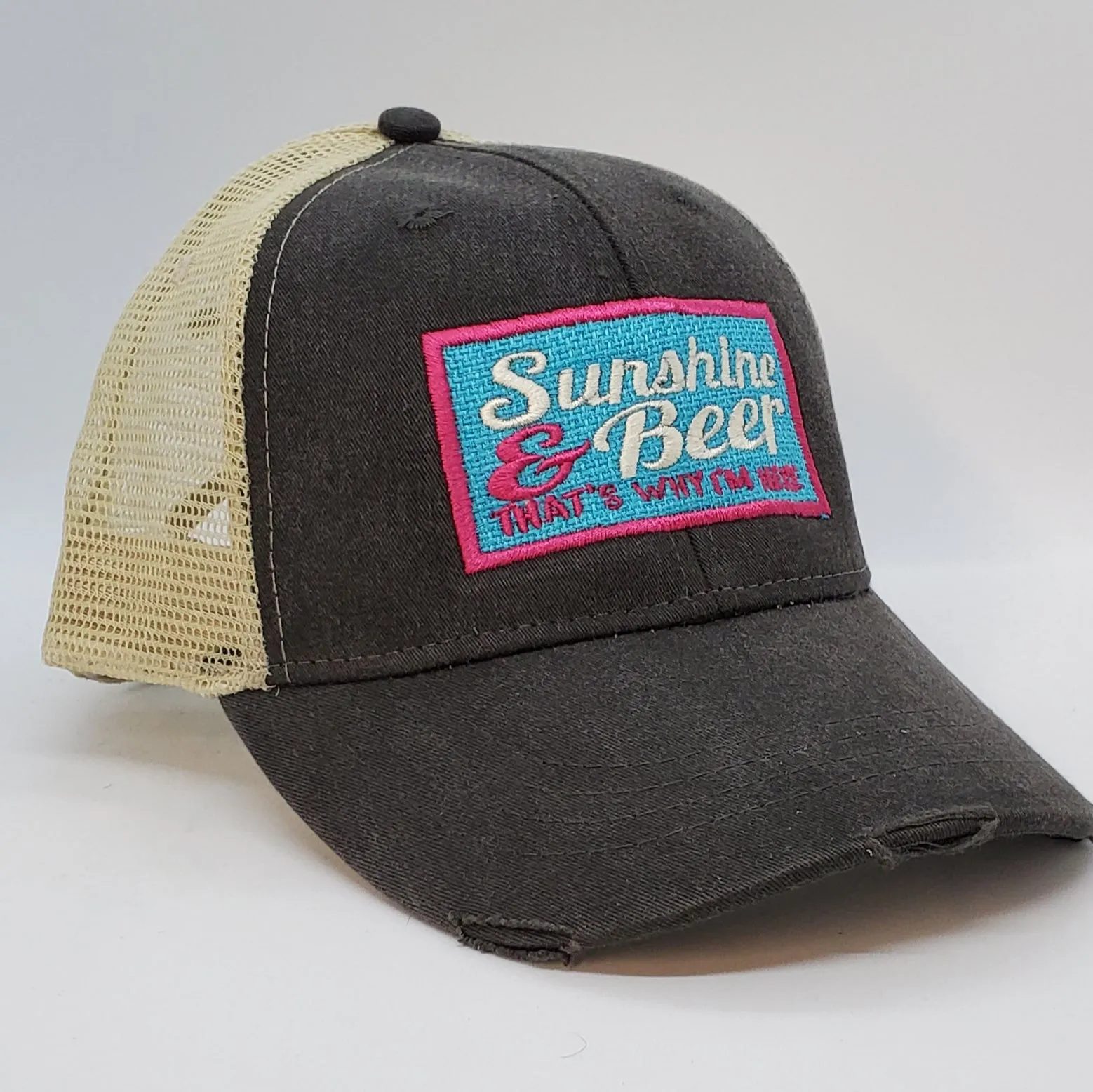 Sunshine and Beer That's Why I'm Here, square patch work distressed black trucker cap