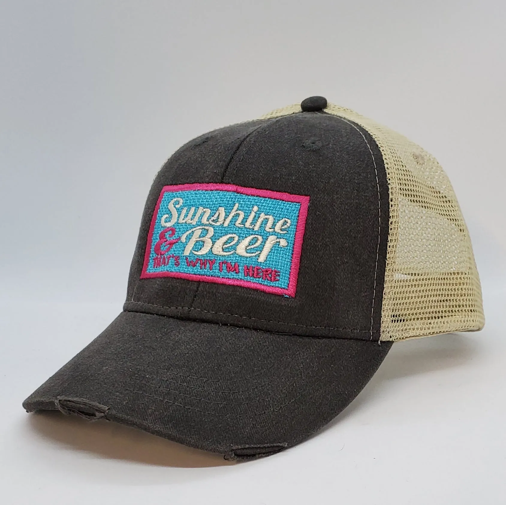 Sunshine and Beer That's Why I'm Here, square patch work distressed black trucker cap