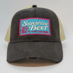 Sunshine and Beer That's Why I'm Here, square patch work distressed black trucker cap