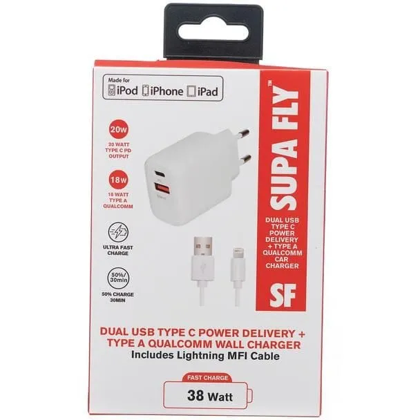 Supa Fly 38W Dual USB PD and QC Wall Charger with Lightning MFI Cable