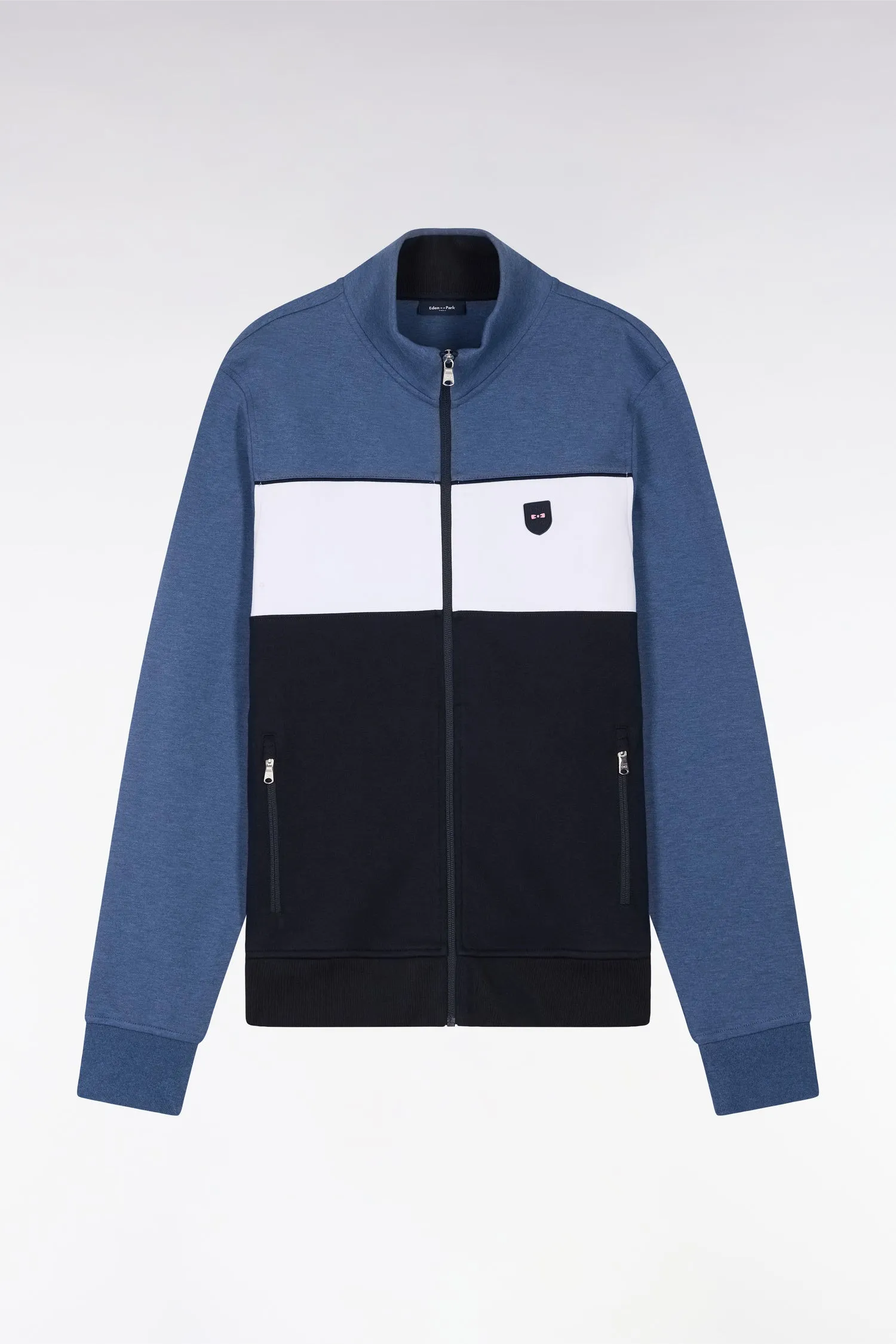 Sweatshirt zippé en coton interlock bleu foncé coupe droite