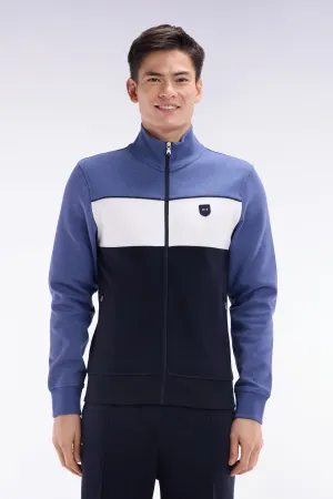 Sweatshirt zippé en coton interlock bleu foncé coupe droite