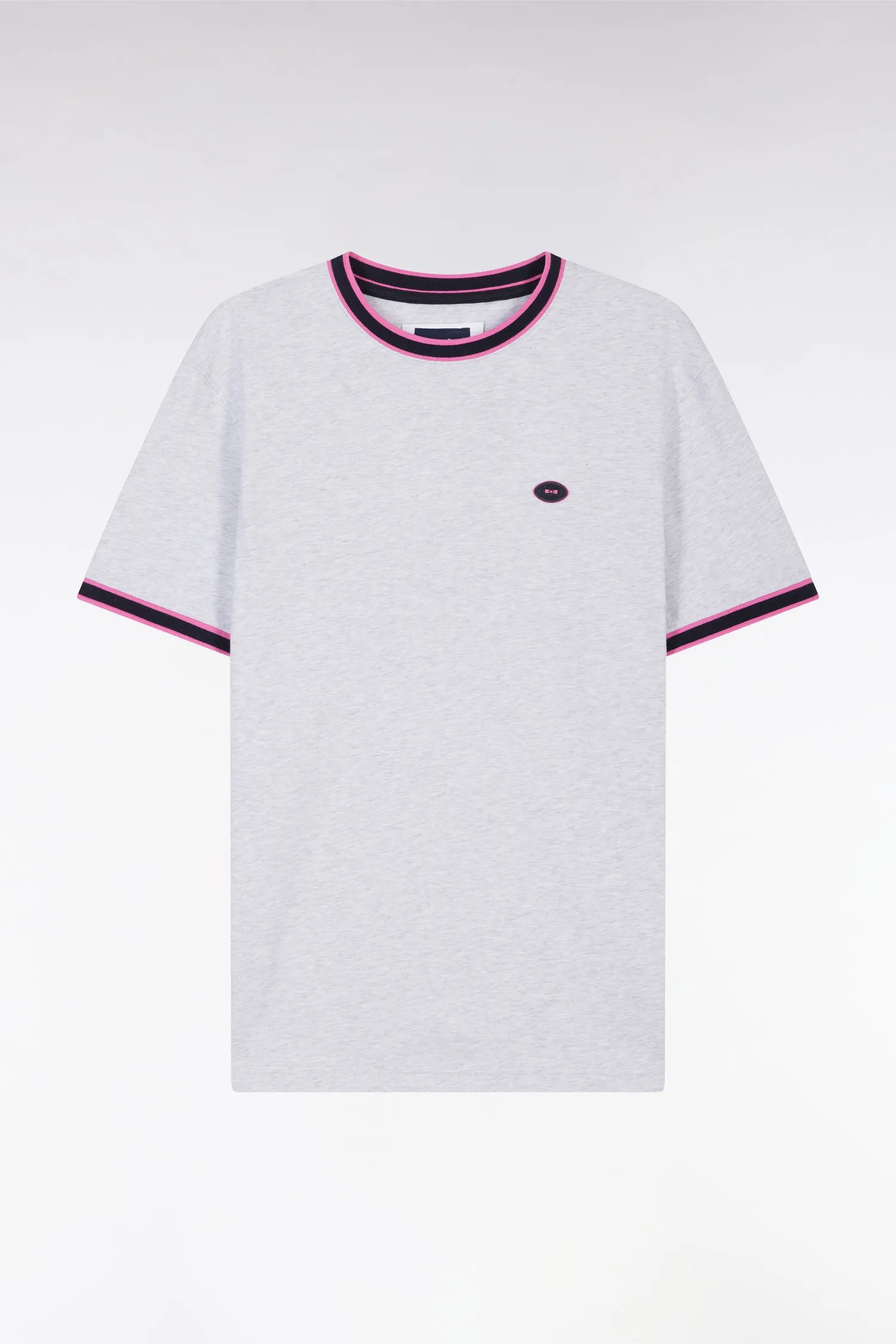 T-shirt en coton gris à bords-côtes roses coupe décontractée