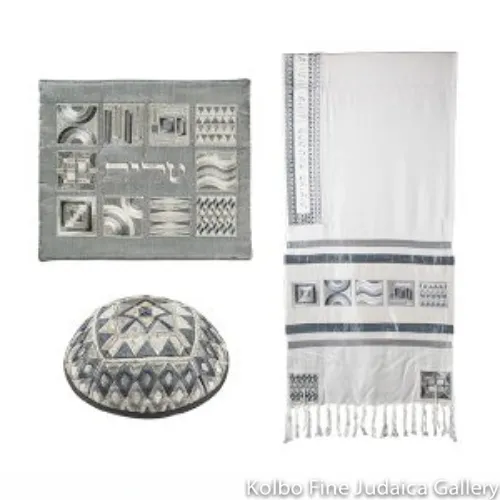 Tallit Set, Gray Geometric Design with Silver Embroidered Detail