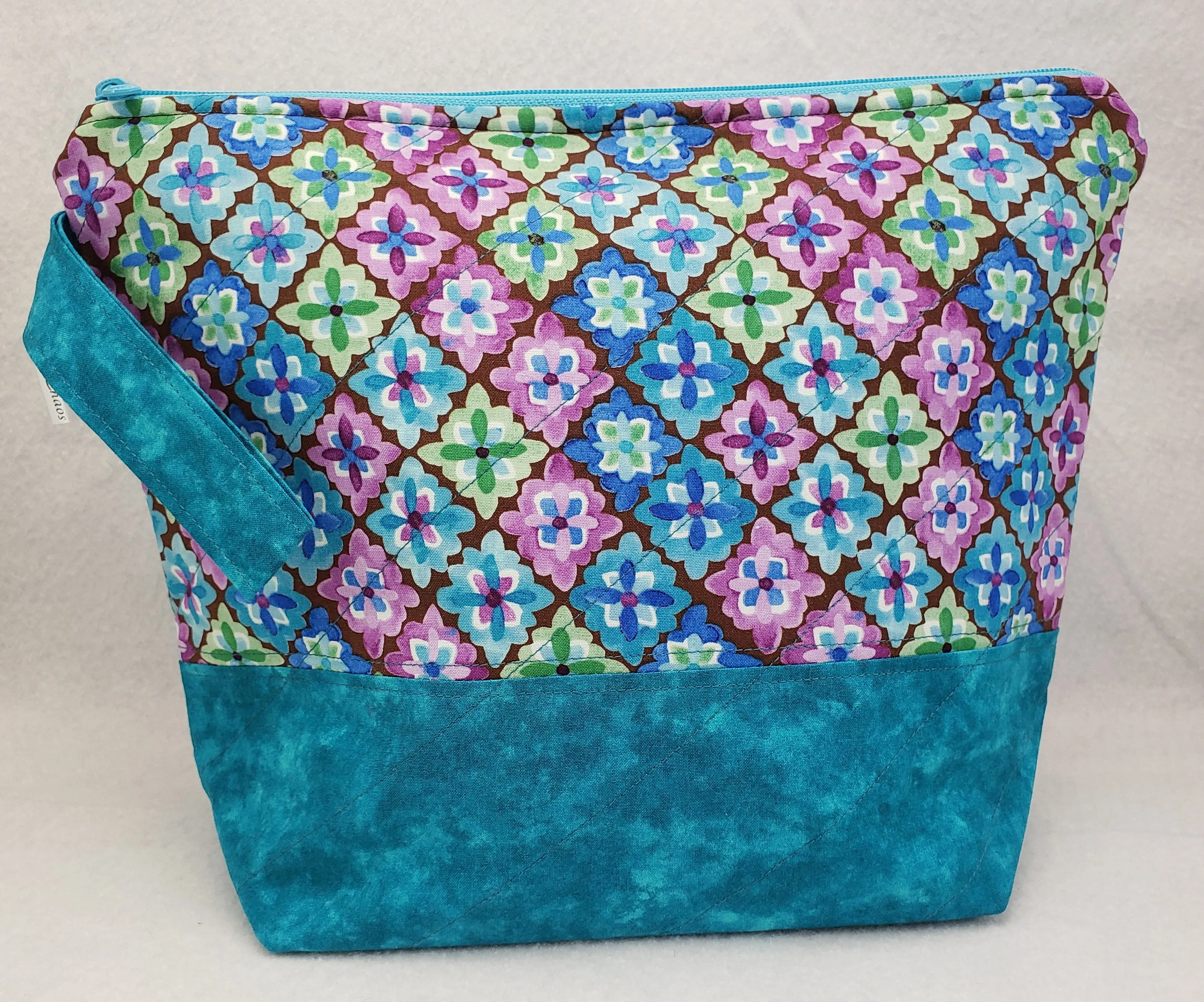 Teal Blue with Flowers - Project Bag - Medium