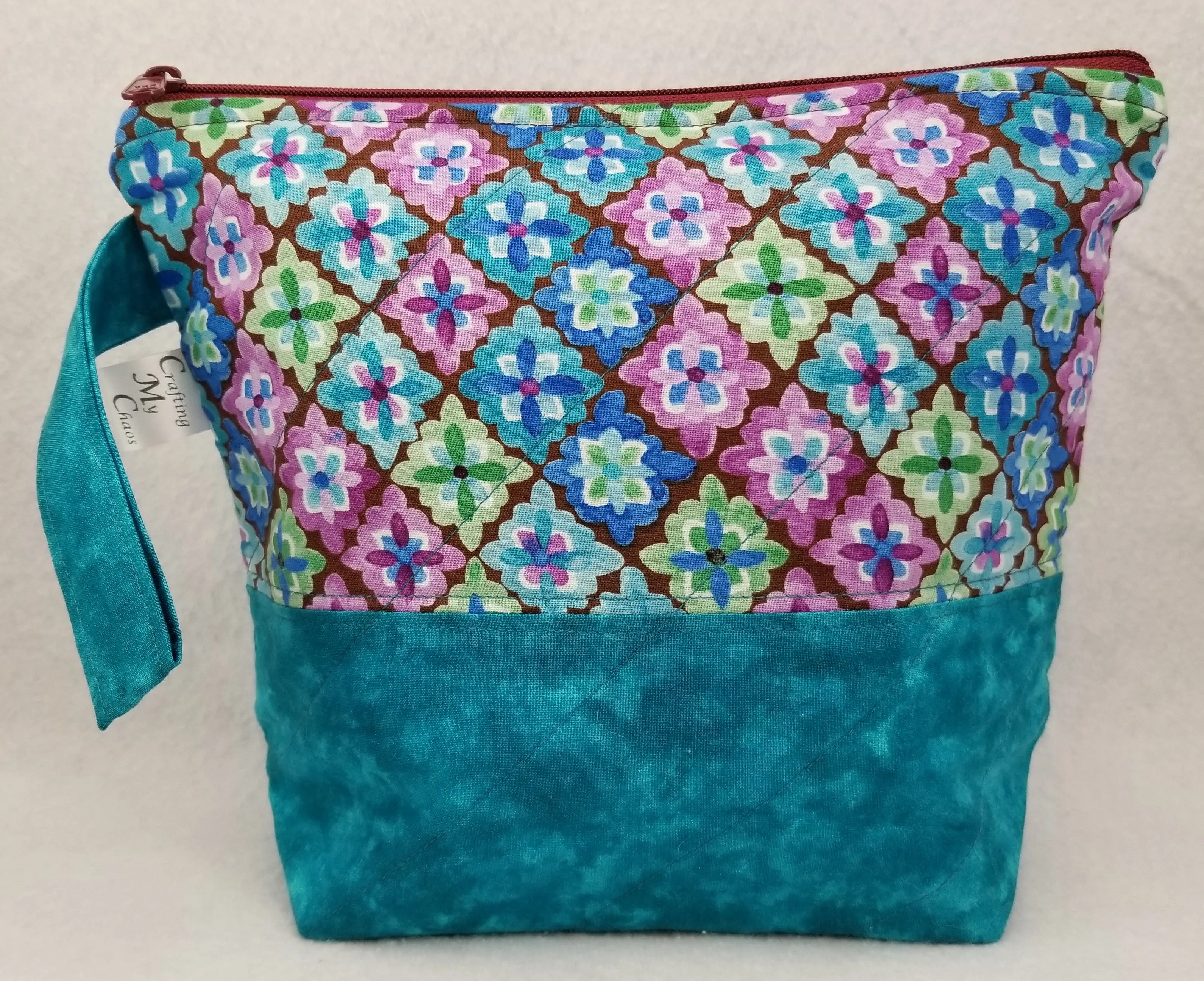 Teal Blue with Flowers - Project Bag - Small