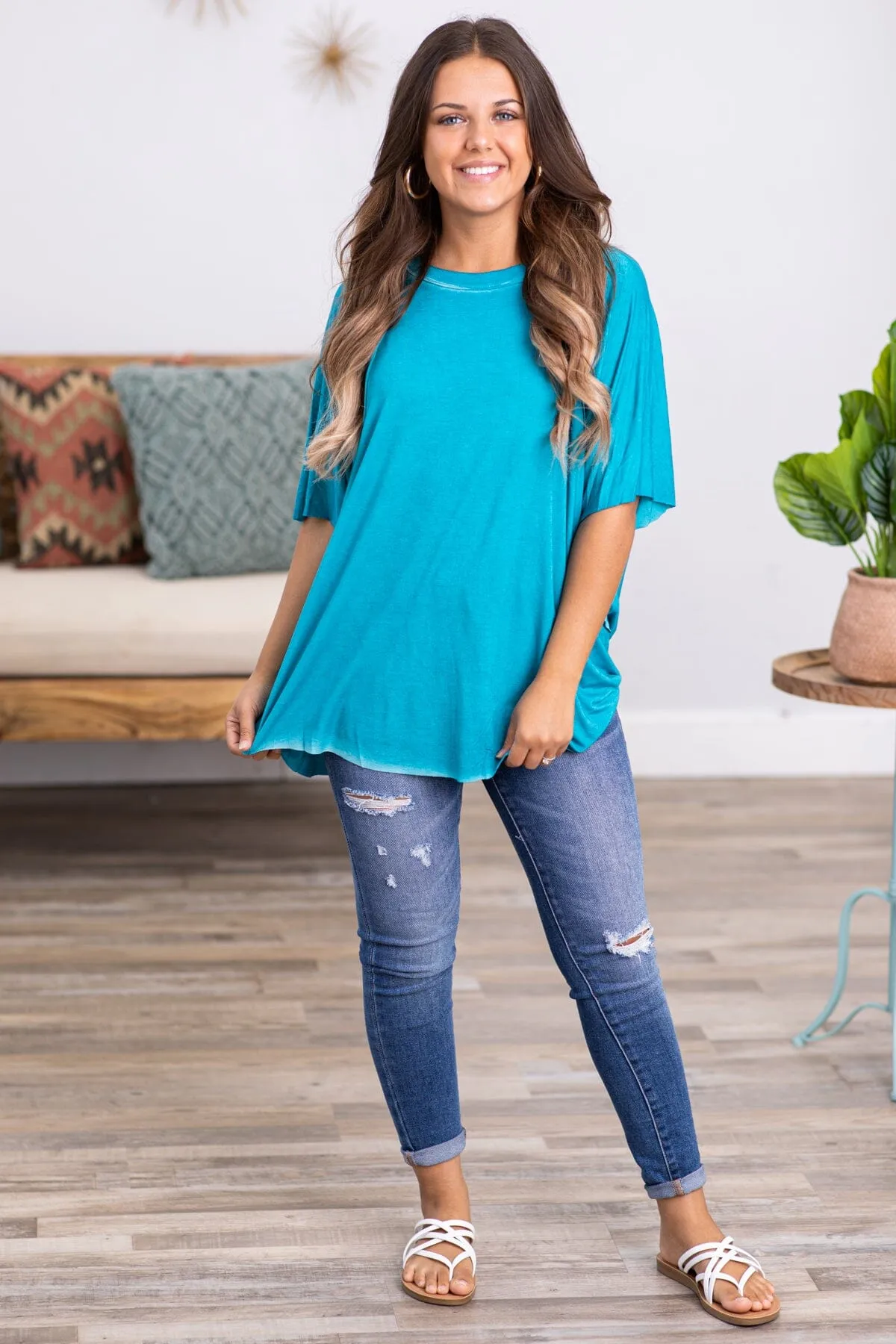 Teal Washed Dolman Sleeve Top