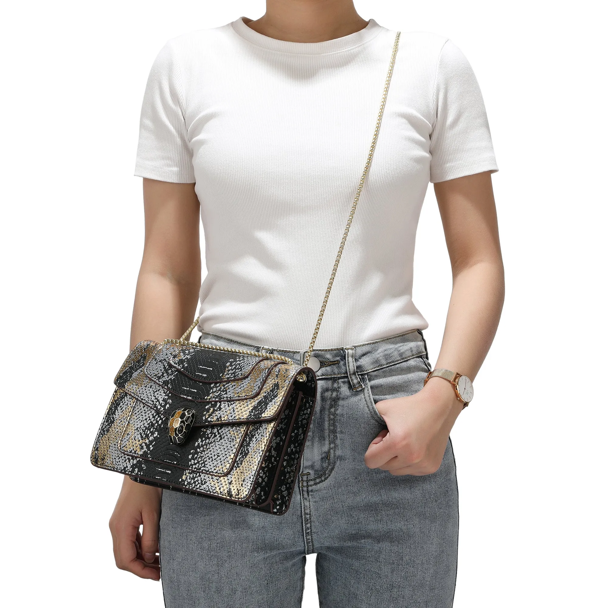 Tiffany & Fred Snake-pattern Printed Leather Shoulder Bag