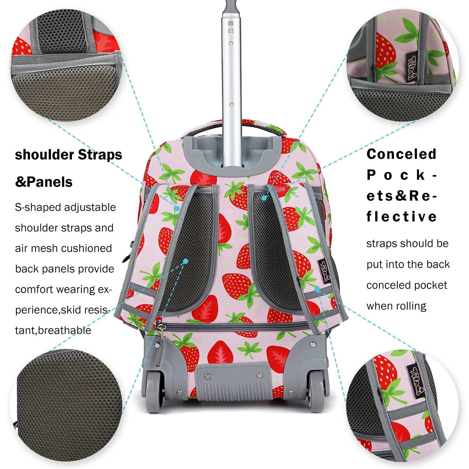 Tilami 18 inch Pink Strawberry Rolling Backpack For Kids