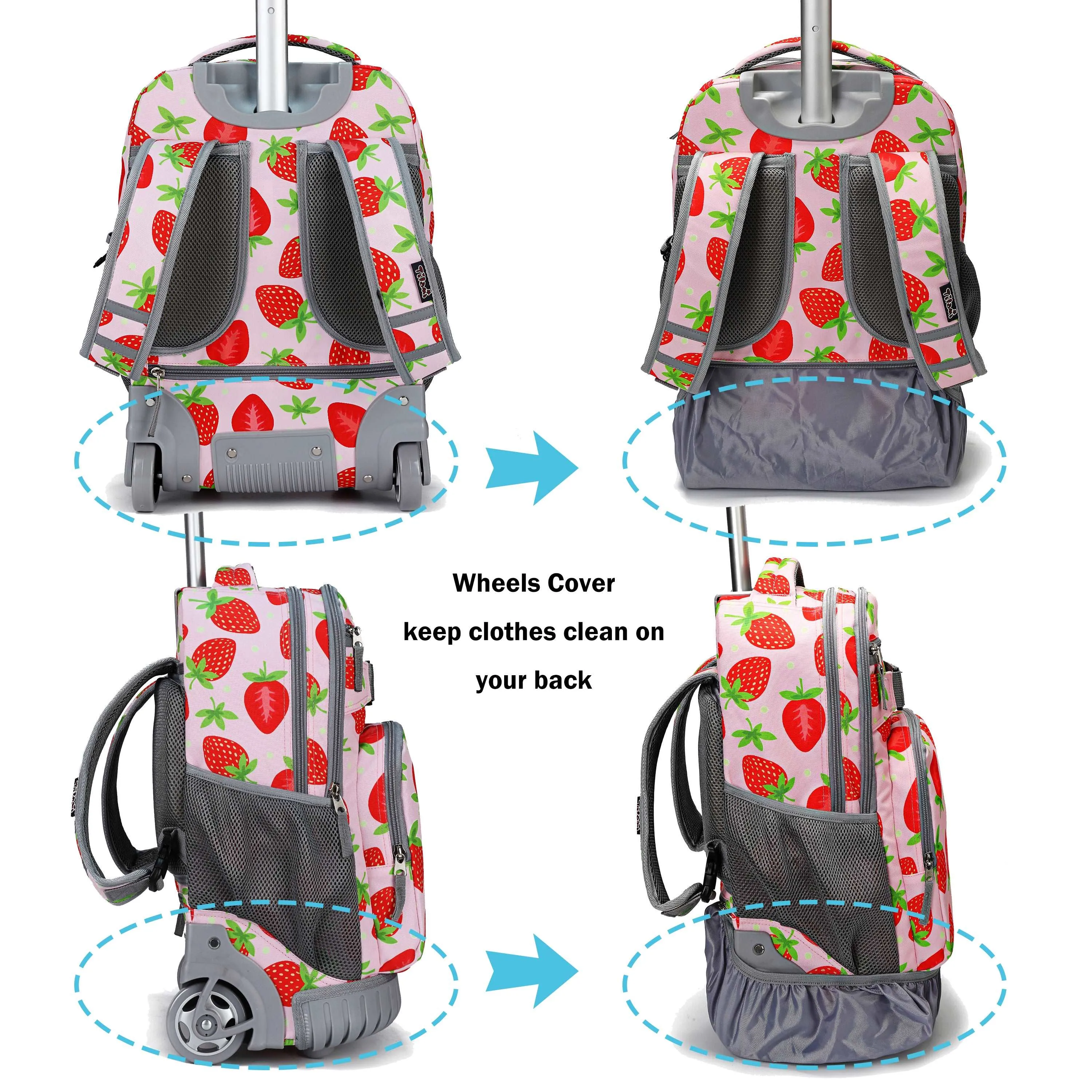 Tilami 18 inch Pink Strawberry Rolling Backpack For Kids
