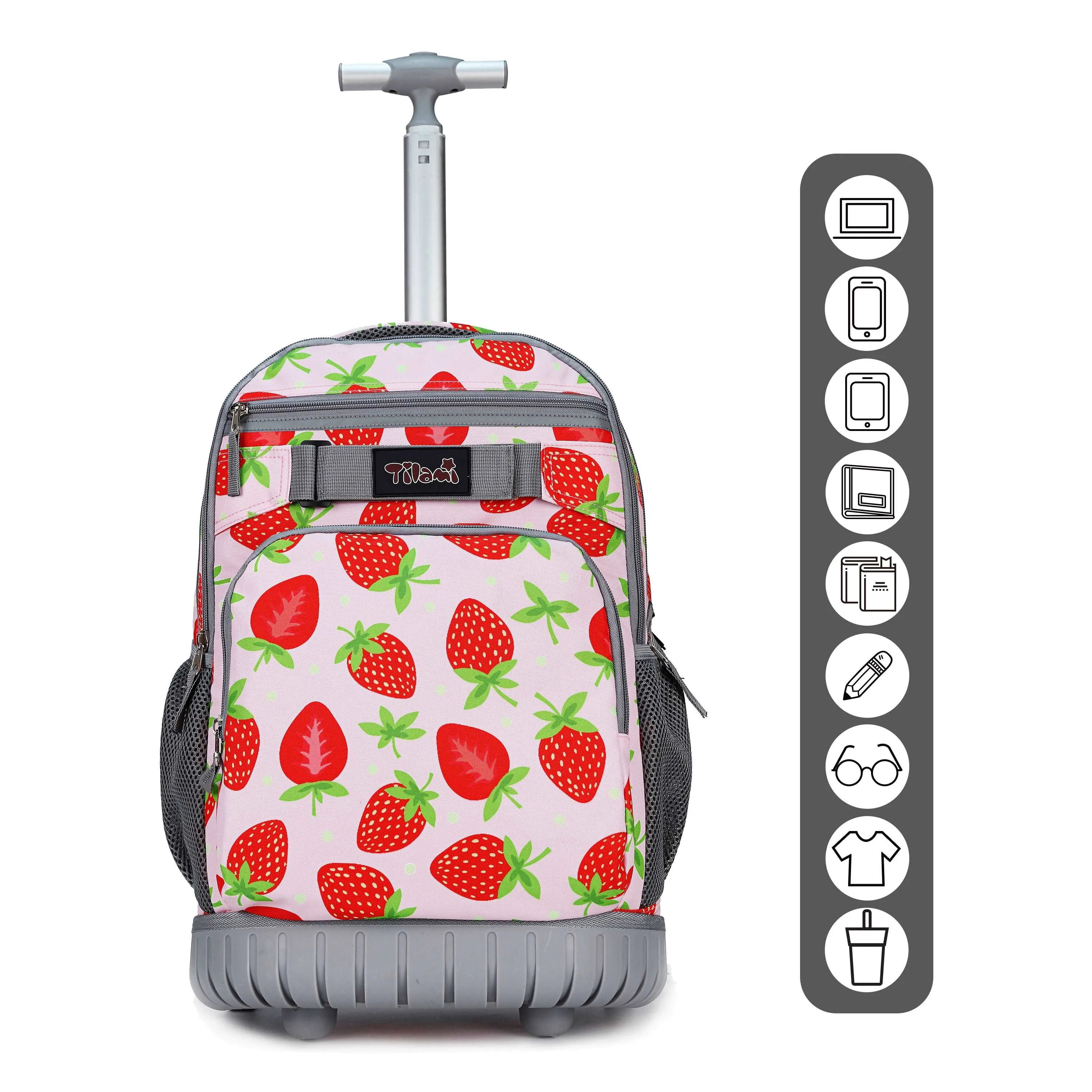 Tilami 18 inch Pink Strawberry Rolling Backpack For Kids