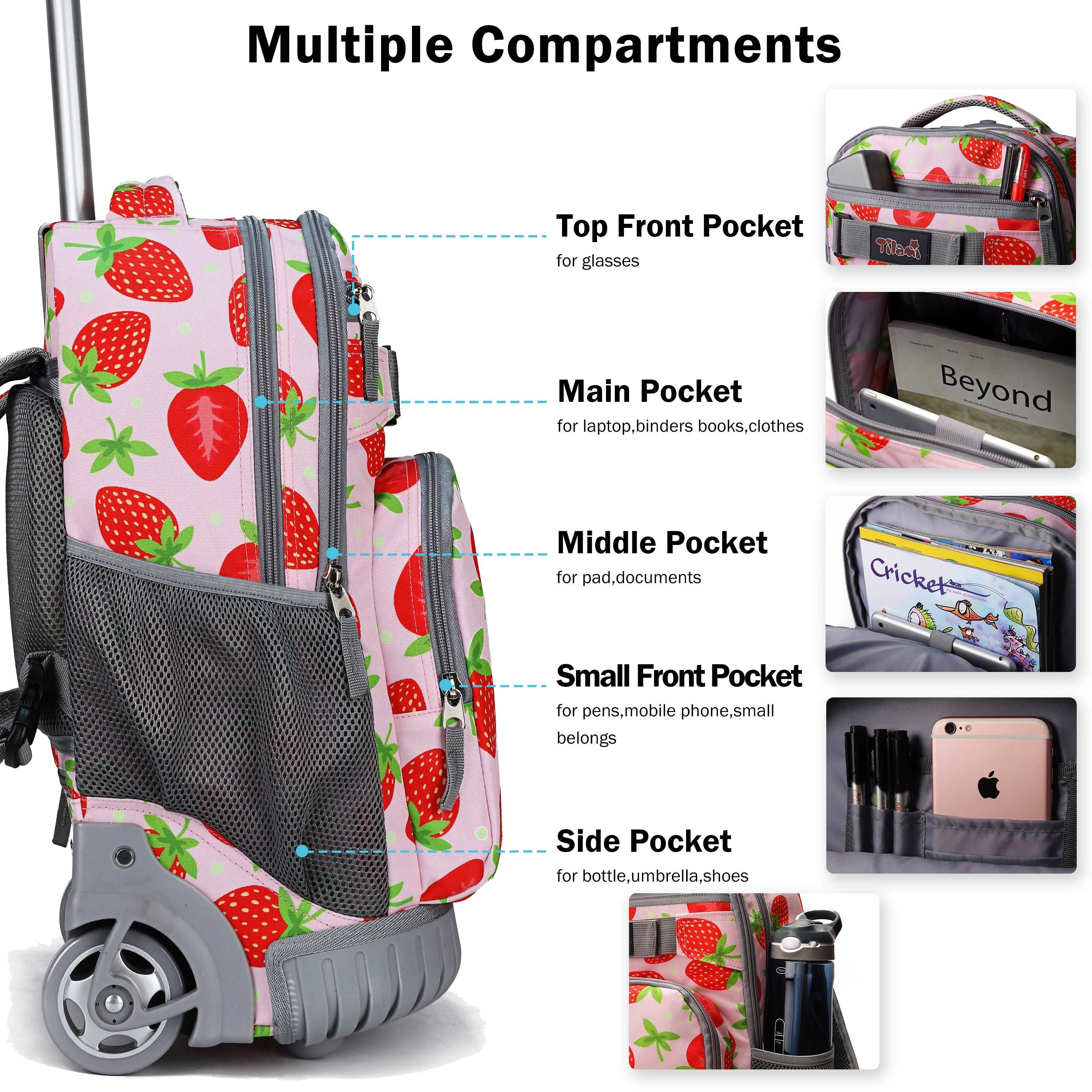 Tilami 18 inch Pink Strawberry Rolling Backpack For Kids