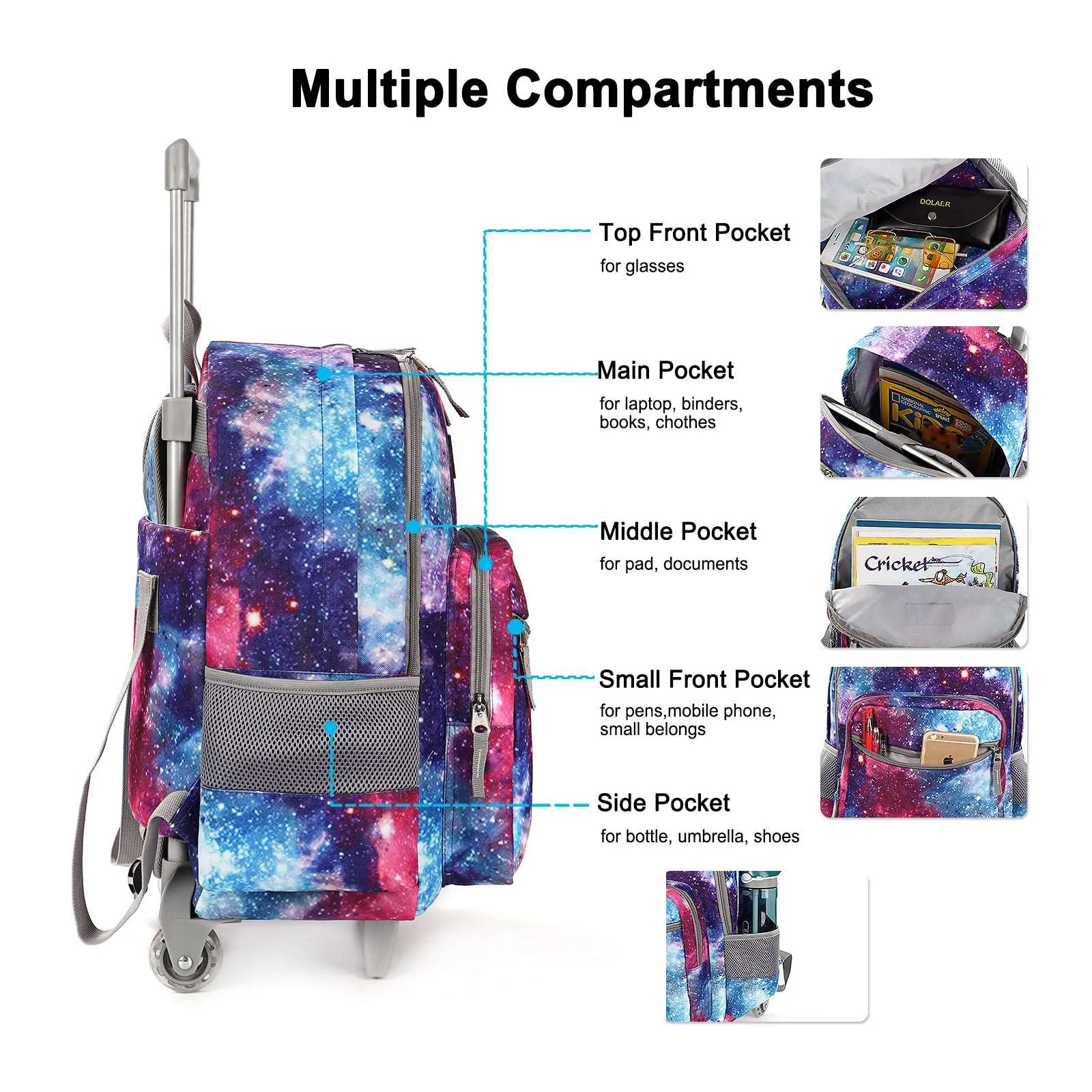 Tilami 18-inch Purple Starry Sky Rolling Backpack