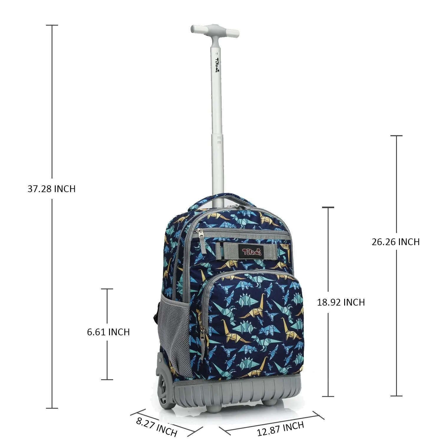 Tilami Black Dinosaur Print Rolling Backpack 18 inch Wheeled Laptop Backpack