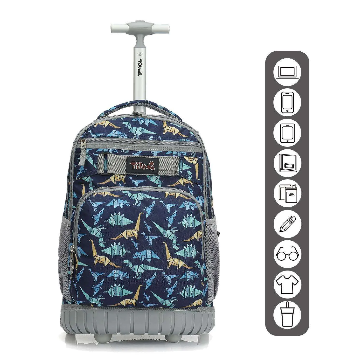 Tilami Black Dinosaur Print Rolling Backpack 18 inch Wheeled Laptop Backpack