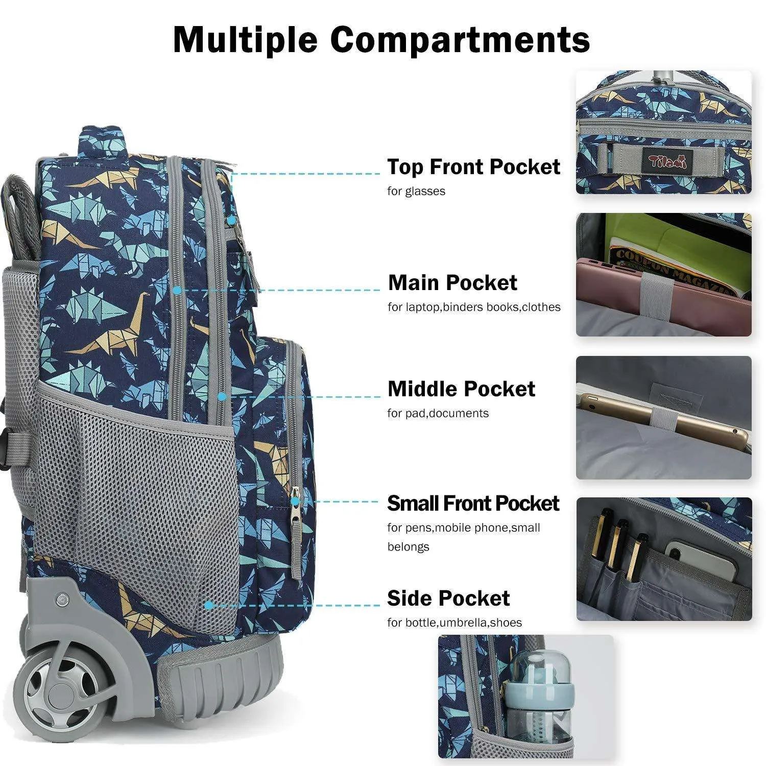Tilami Black Dinosaur Print Rolling Backpack 18 inch Wheeled Laptop Backpack