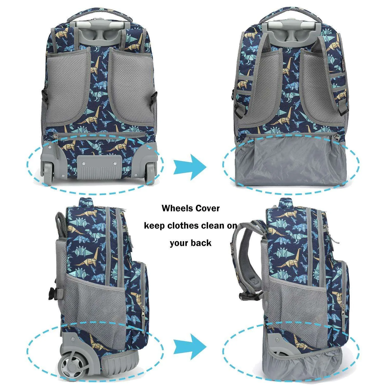 Tilami Black Dinosaur Print Rolling Backpack 18 inch Wheeled Laptop Backpack