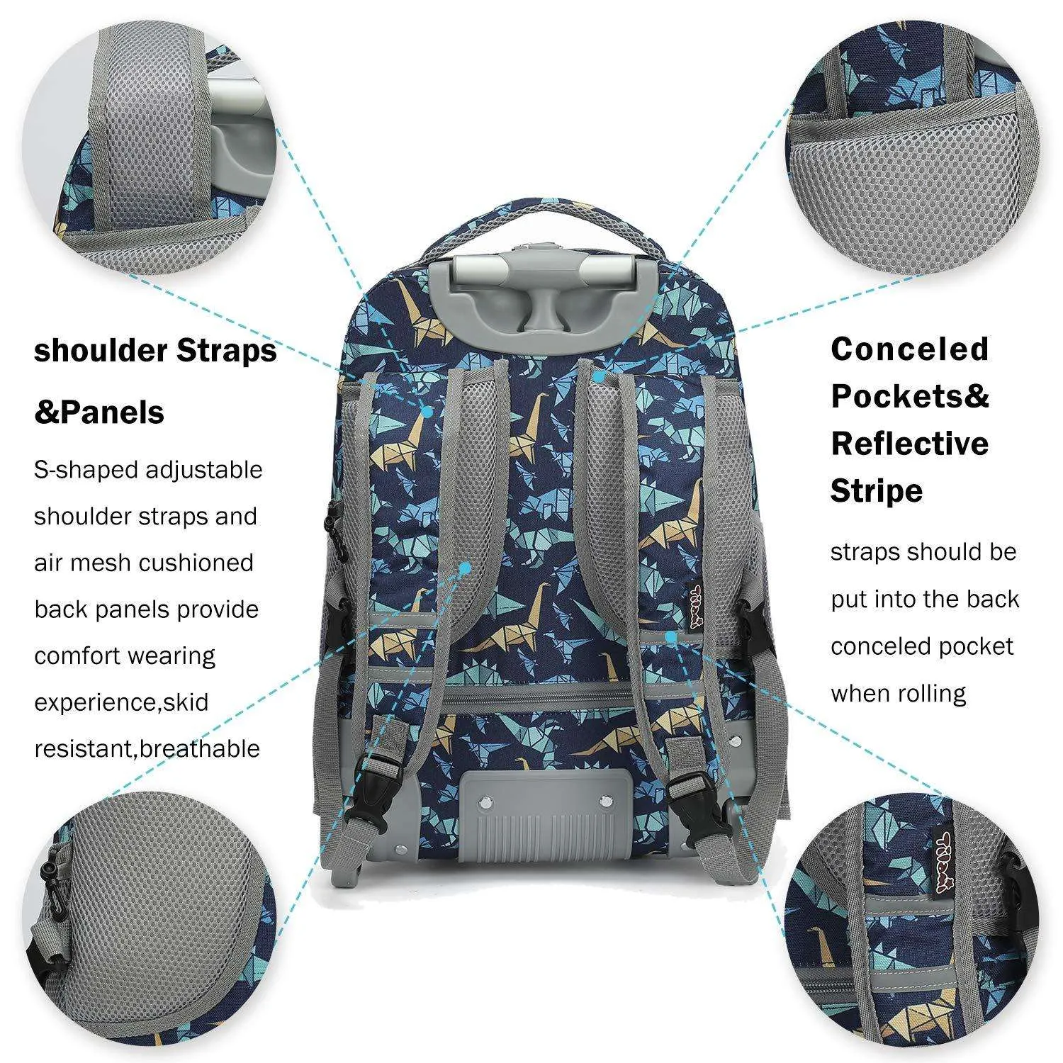 Tilami Black Dinosaur Print Rolling Backpack 18 inch Wheeled Laptop Backpack