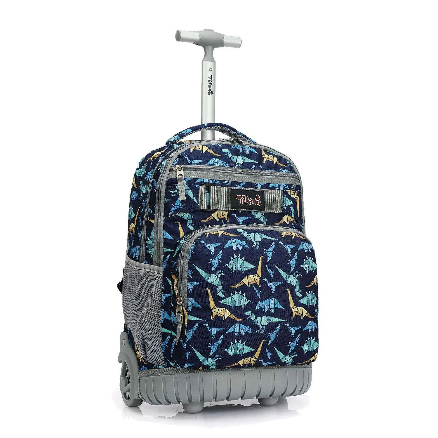 Tilami Black Dinosaur Print Rolling Backpack 18 inch Wheeled Laptop Backpack