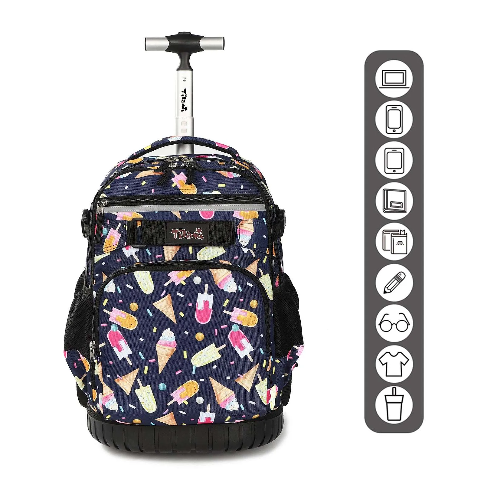 Tilami Black Ice Cream Rolling Backpack 19 inch with Lunch Bag