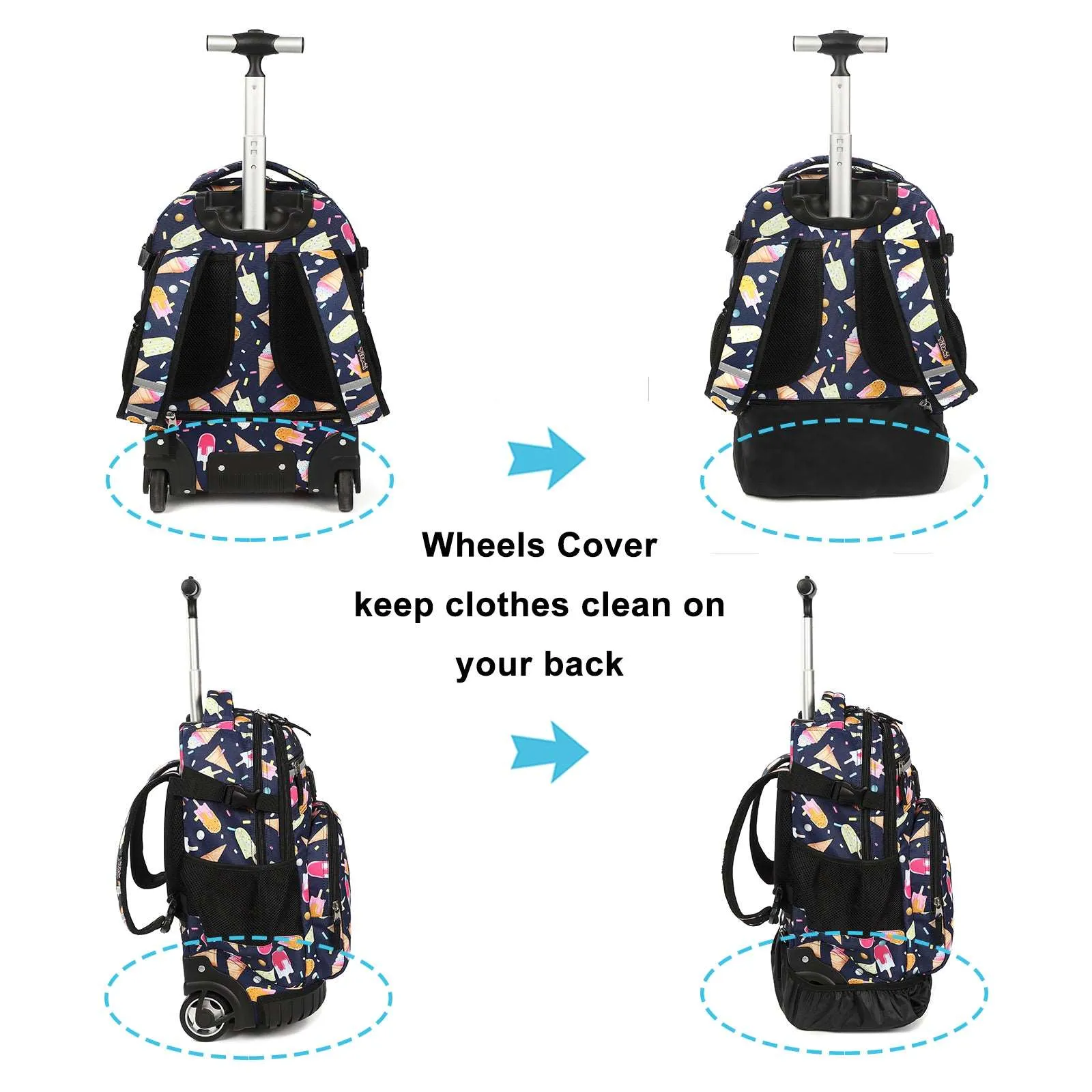 Tilami Black Ice Cream Rolling Backpack 19 inch with Lunch Bag