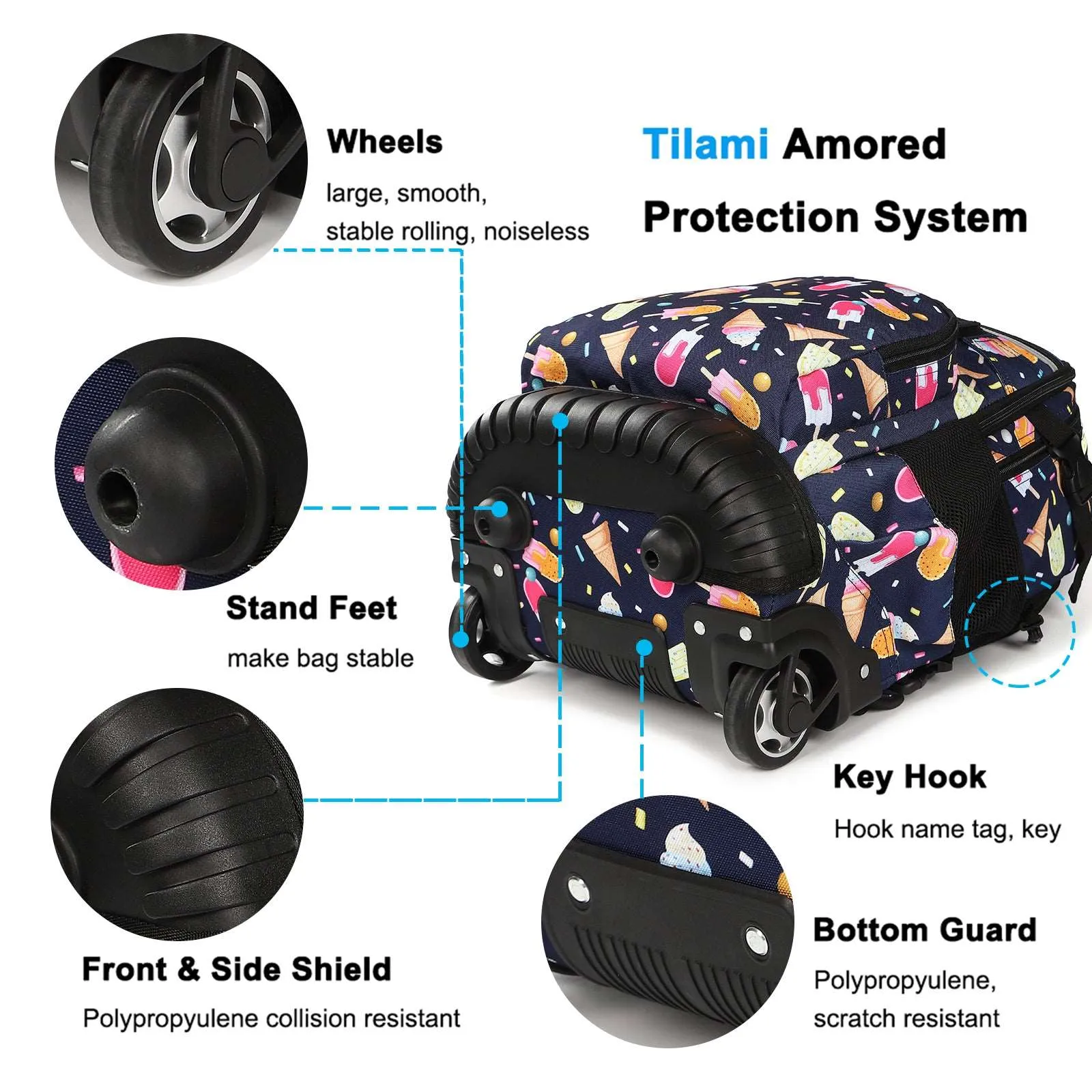 Tilami Black Ice Cream Rolling Backpack 19 inch with Lunch Bag