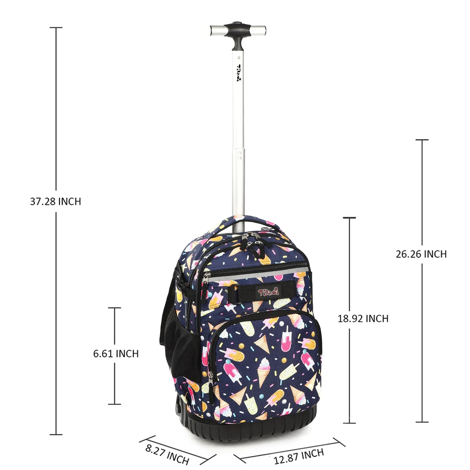 Tilami Black Ice Cream Rolling Backpack 19 inch with Lunch Bag