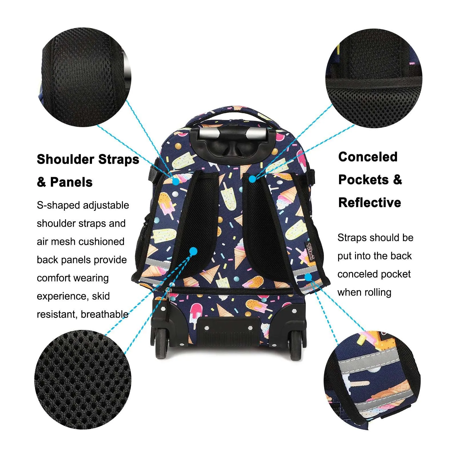 Tilami Black Ice Cream Rolling Backpack 19 inch with Lunch Bag