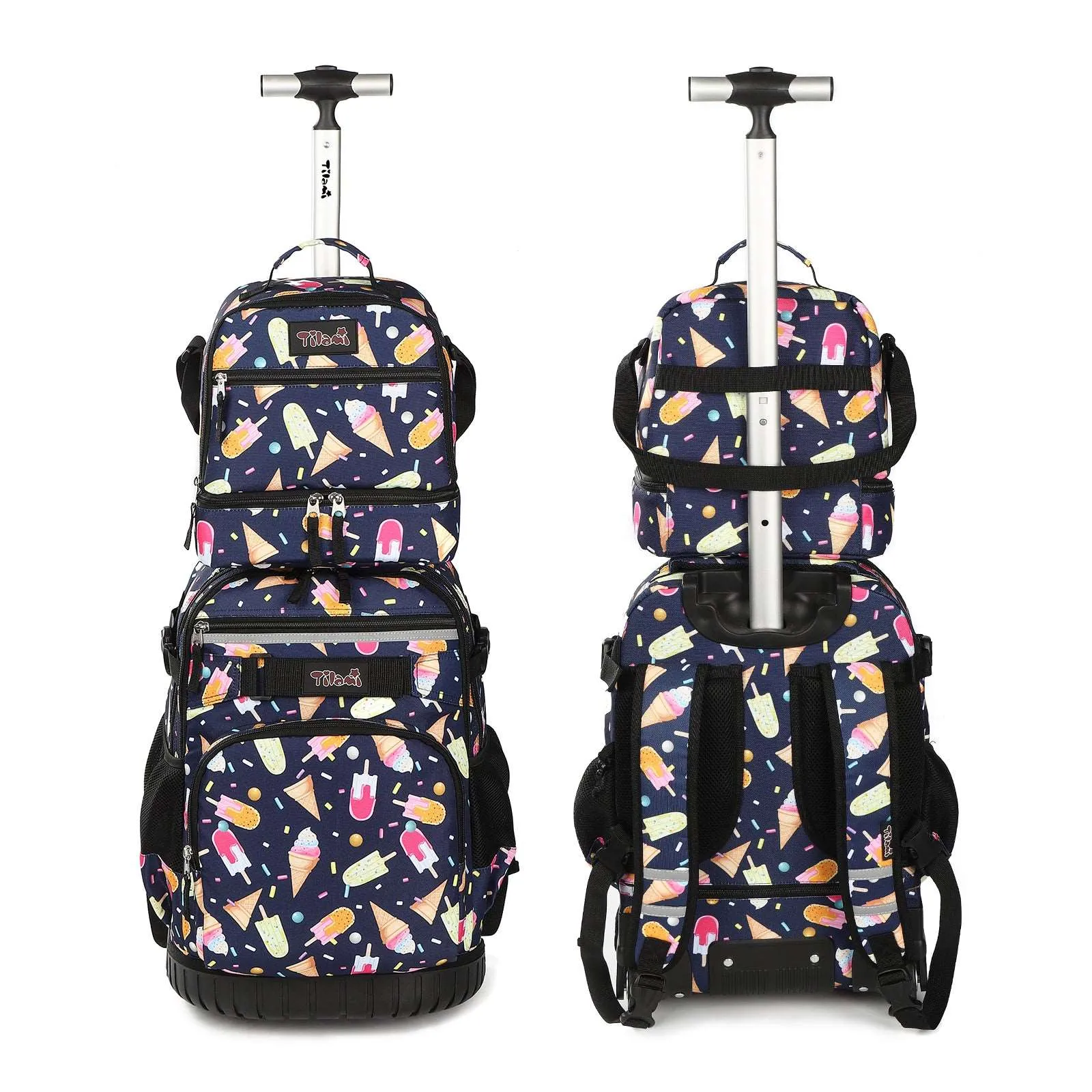 Tilami Black Ice Cream Rolling Backpack 19 inch with Lunch Bag