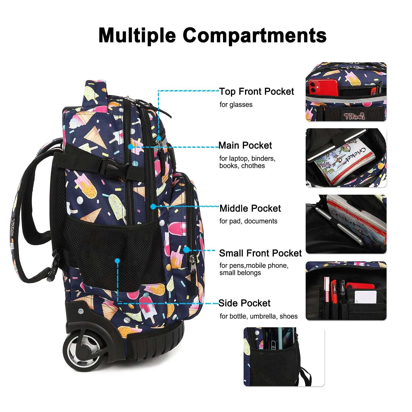 Tilami Black Ice Cream Rolling Backpack 19 inch with Lunch Bag
