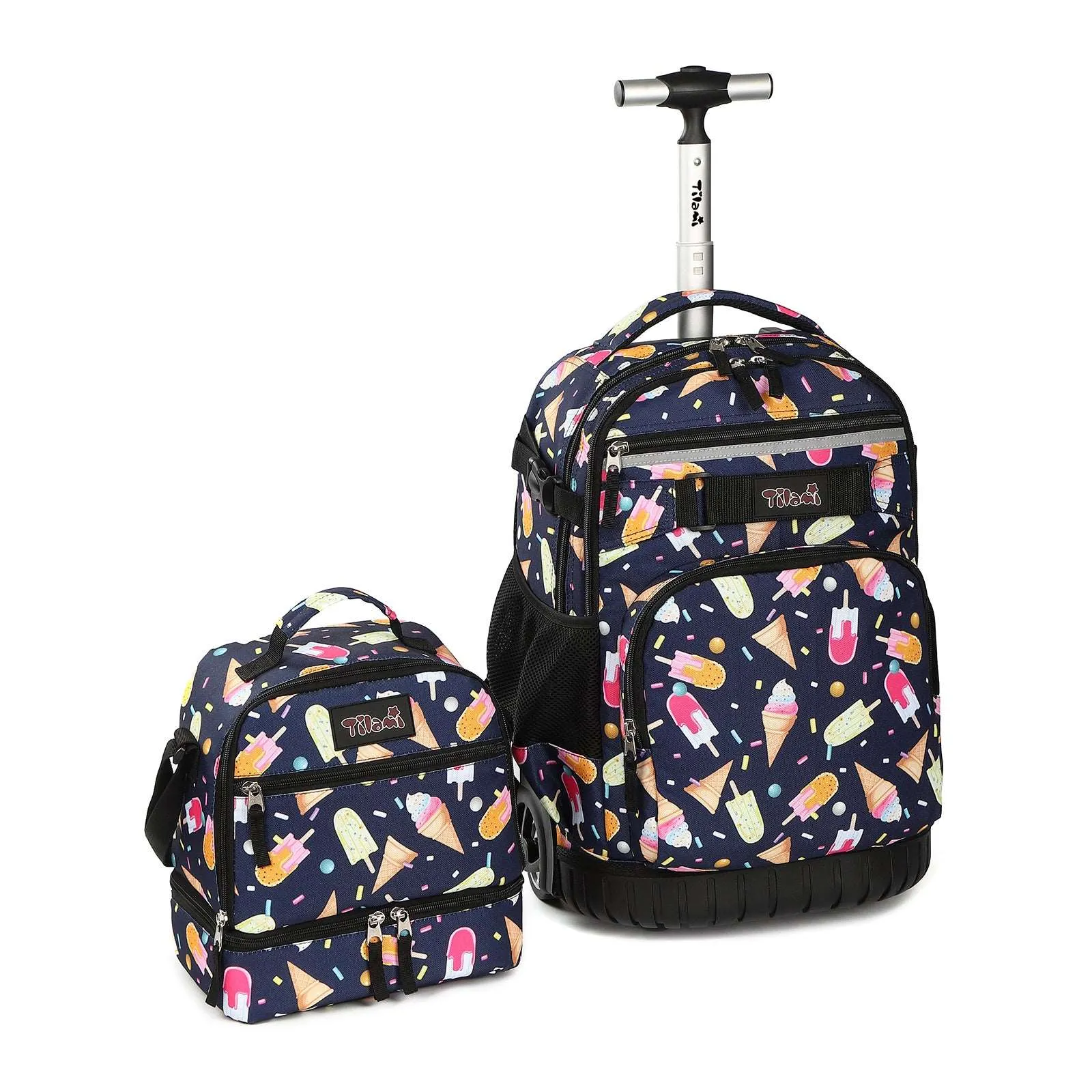 Tilami Black Ice Cream Rolling Backpack 19 inch with Lunch Bag