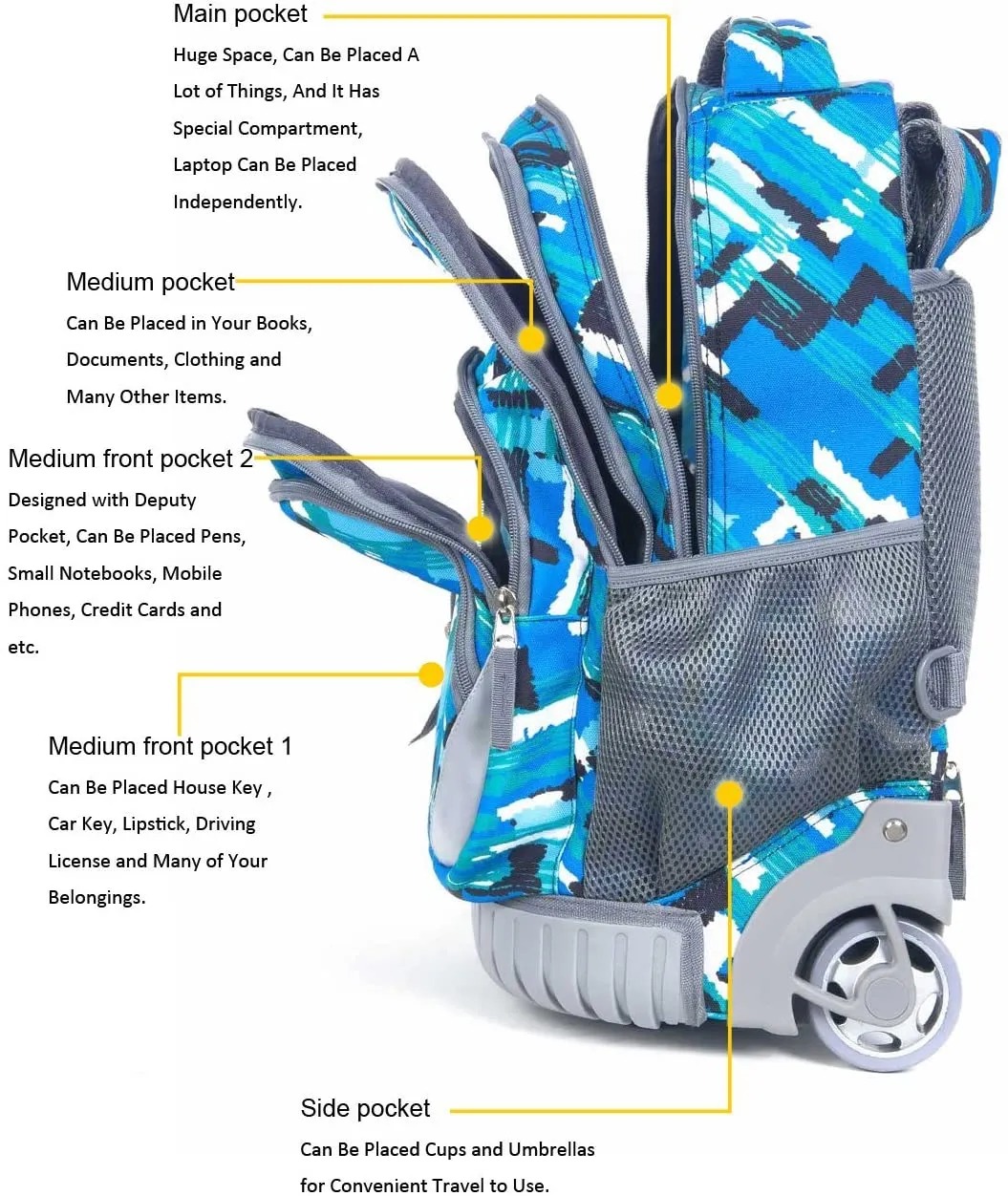 Tilami Blue Ocean Rolling Backpack 18 Inch Multifunction Wheeled Backpack