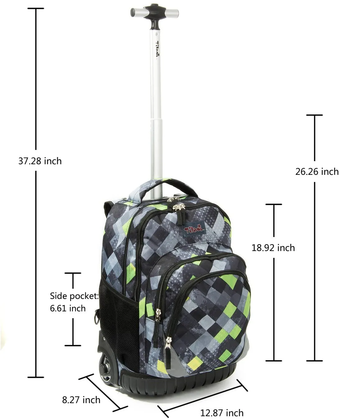 Tilami Green Plaid Rolling Backpack 18 Inch with Pencil Case School for Boys Girls