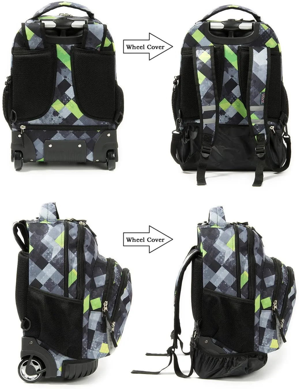 Tilami Green Plaid Rolling Backpack 18 Inch with Pencil Case School for Boys Girls