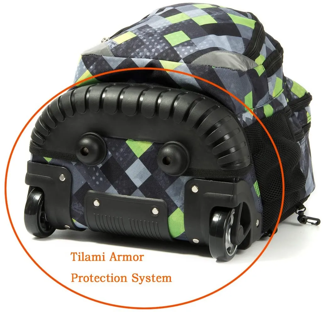 Tilami Green Plaid Rolling Backpack 18 Inch with Pencil Case School for Boys Girls