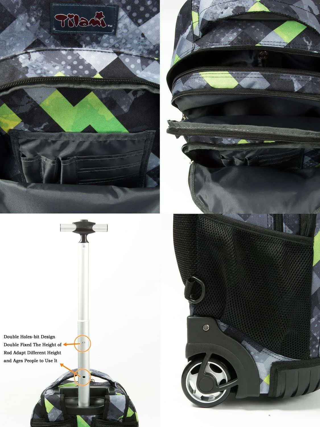Tilami Green Plaid Rolling Backpack 18 Inch with Pencil Case School for Boys Girls
