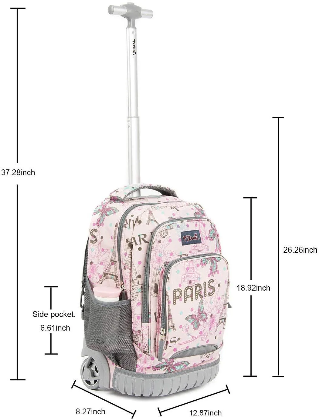 Tilami Pink Paris Rolling Backpack 18 Inch with Pencil Case School for Boys Girls