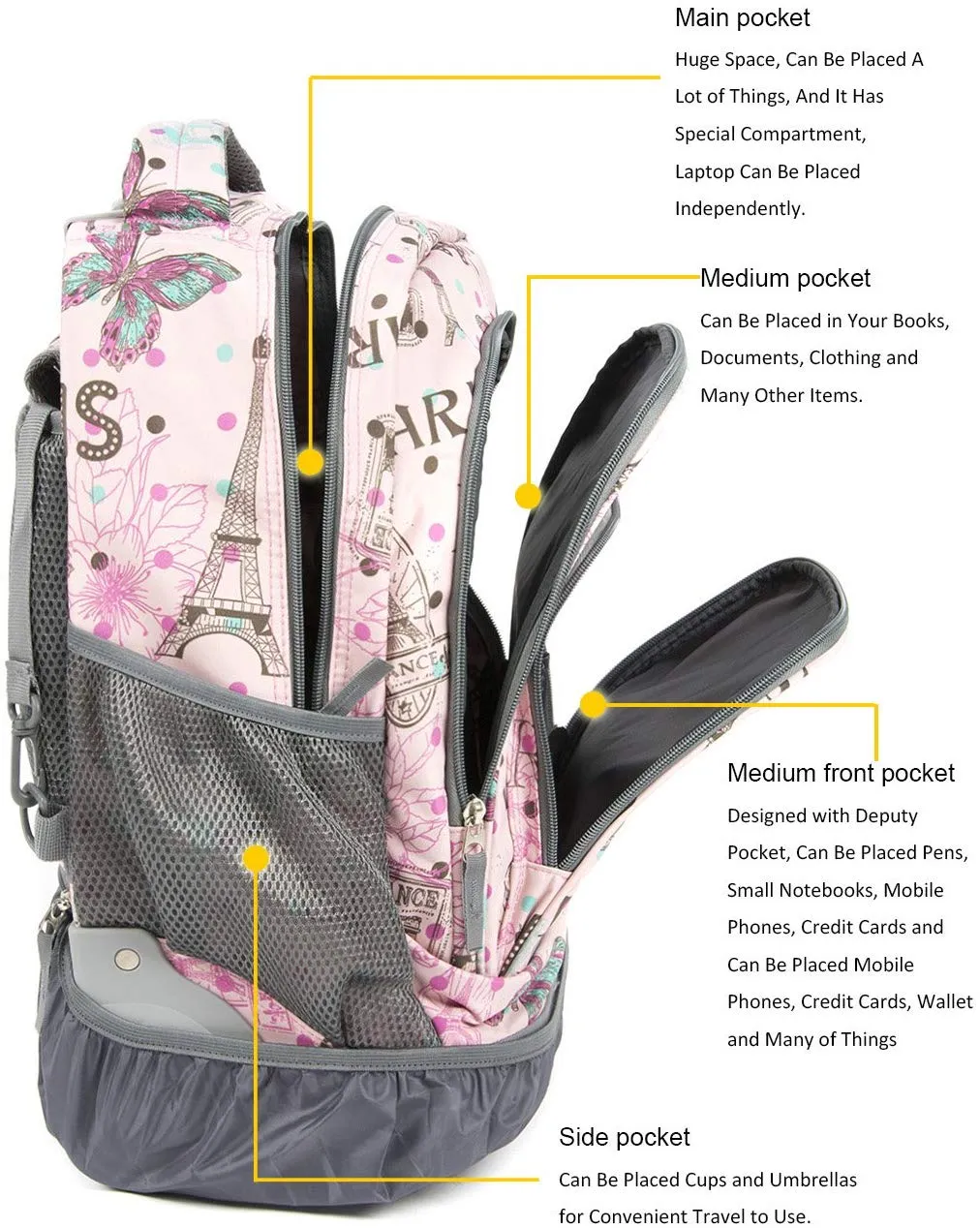 Tilami Pink Paris Rolling Backpack 18 Inch with Pencil Case School for Boys Girls