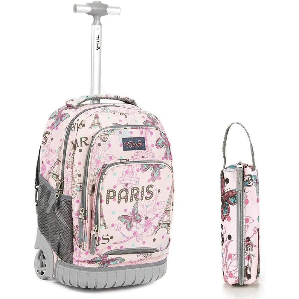 Tilami Pink Paris Rolling Backpack 18 Inch with Pencil Case School for Boys Girls
