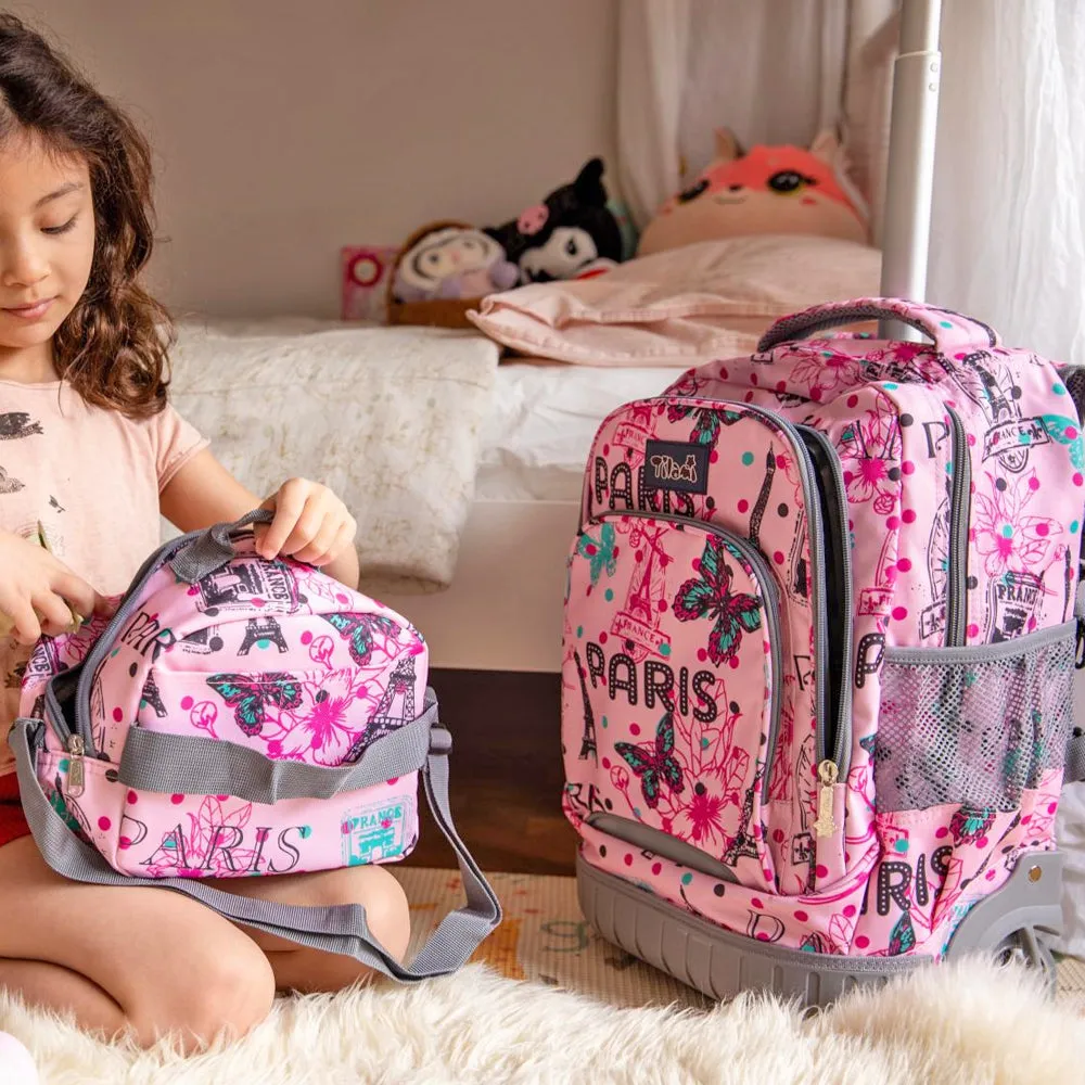 Tilami Pink Paris Rolling Backpack 18 Inch with Pencil Case School for Boys Girls
