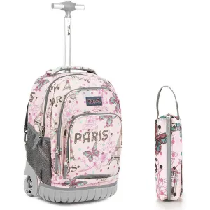 Tilami Pink Paris Rolling Backpack 18 Inch with Pencil Case School for Boys Girls