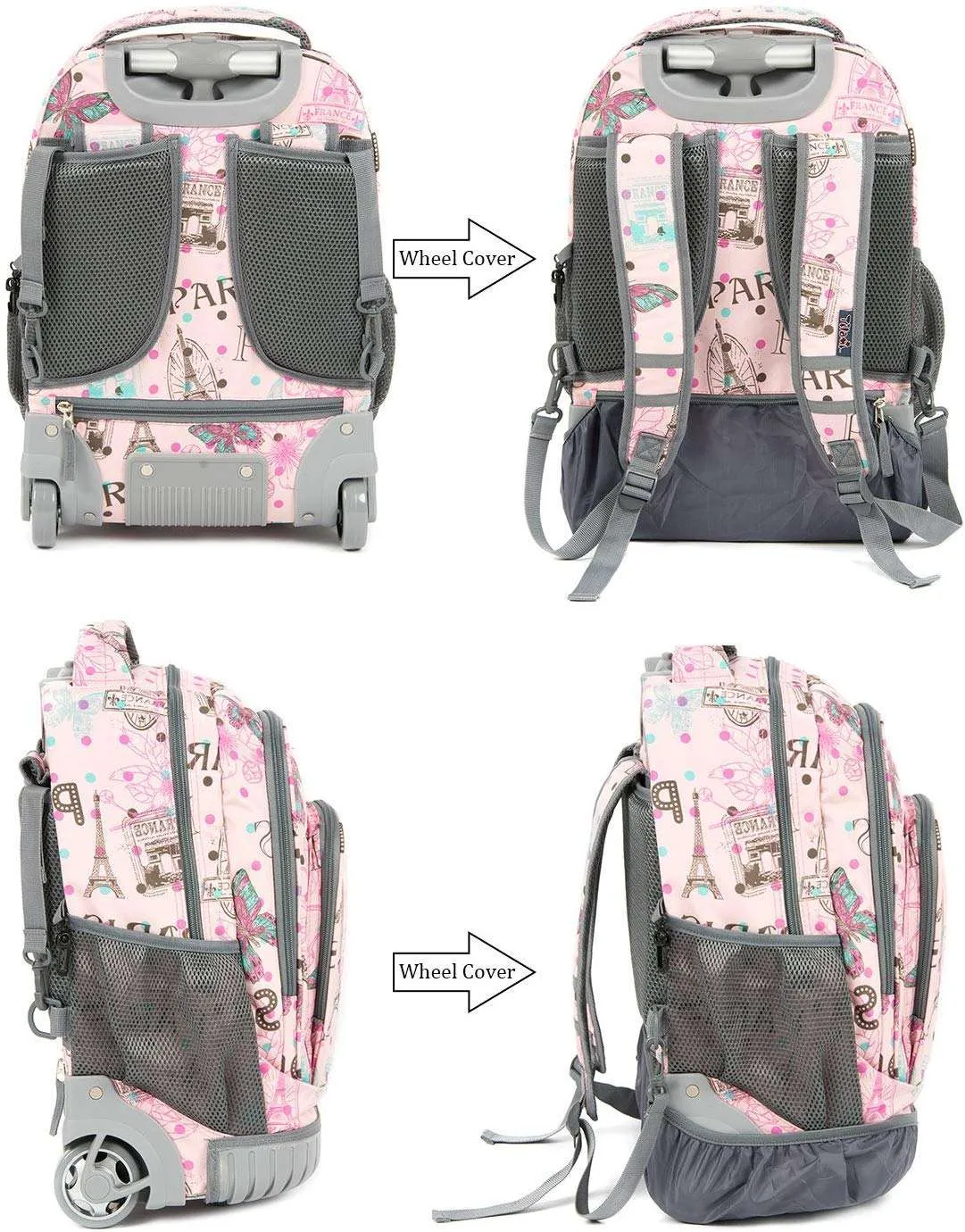 Tilami Pink Paris Rolling Backpack 18 Inch with Pencil Case School for Boys Girls