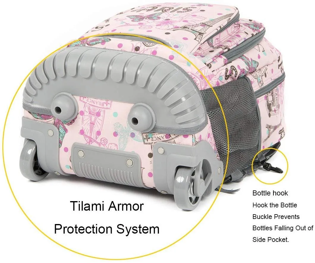 Tilami Pink Paris Rolling Backpack 18 Inch with Pencil Case School for Boys Girls