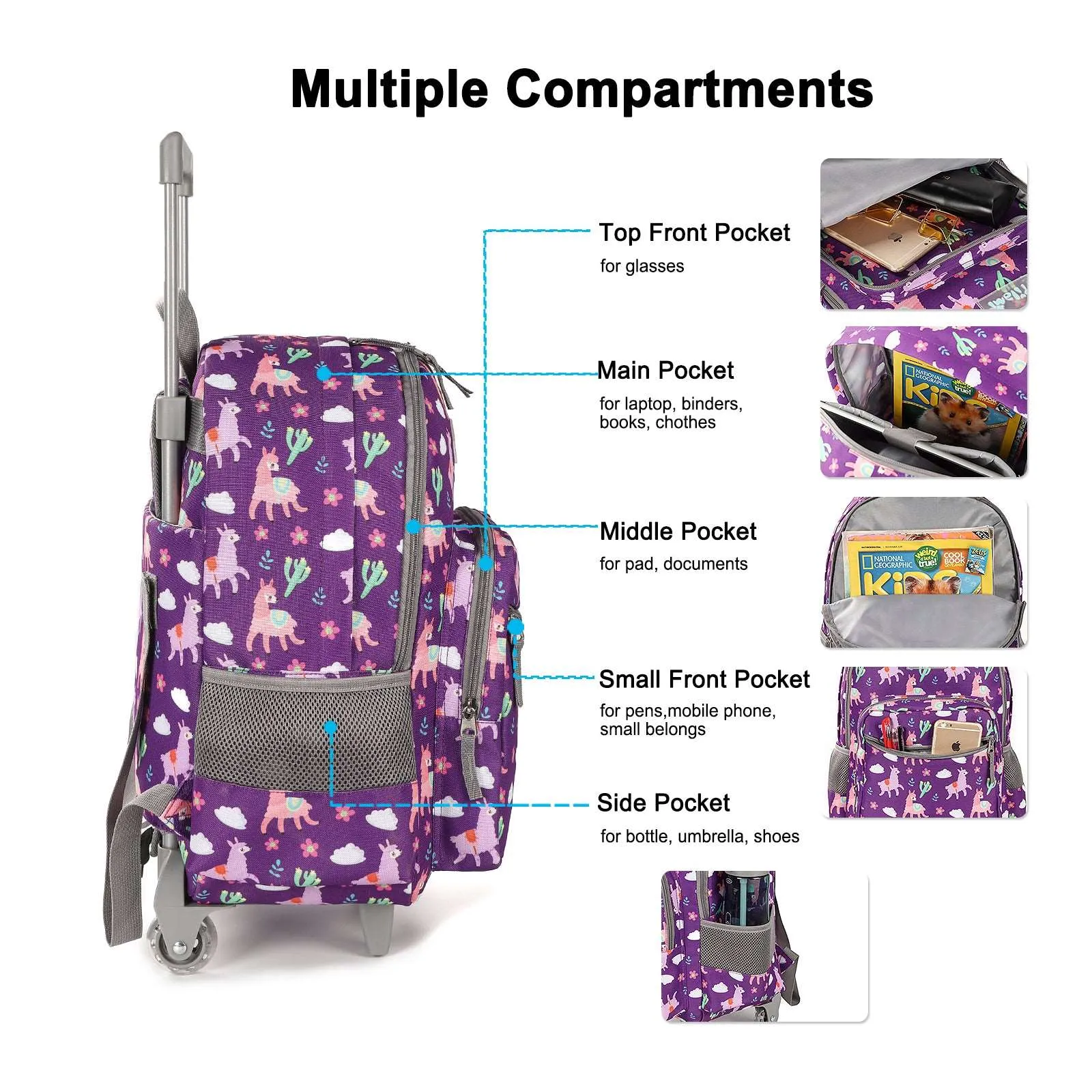 Tilami Purple Alpaca Rolling Backpack 18 inch with Lunch Bag