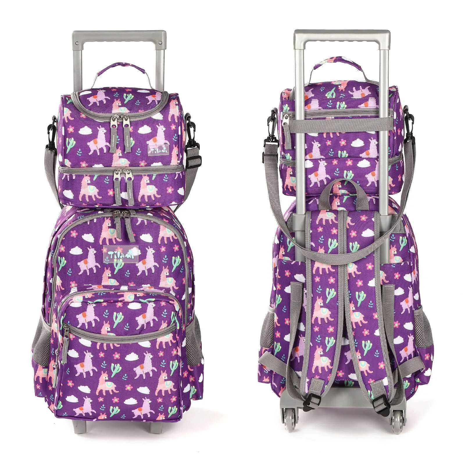 Tilami Purple Alpaca Rolling Backpack 18 inch with Lunch Bag
