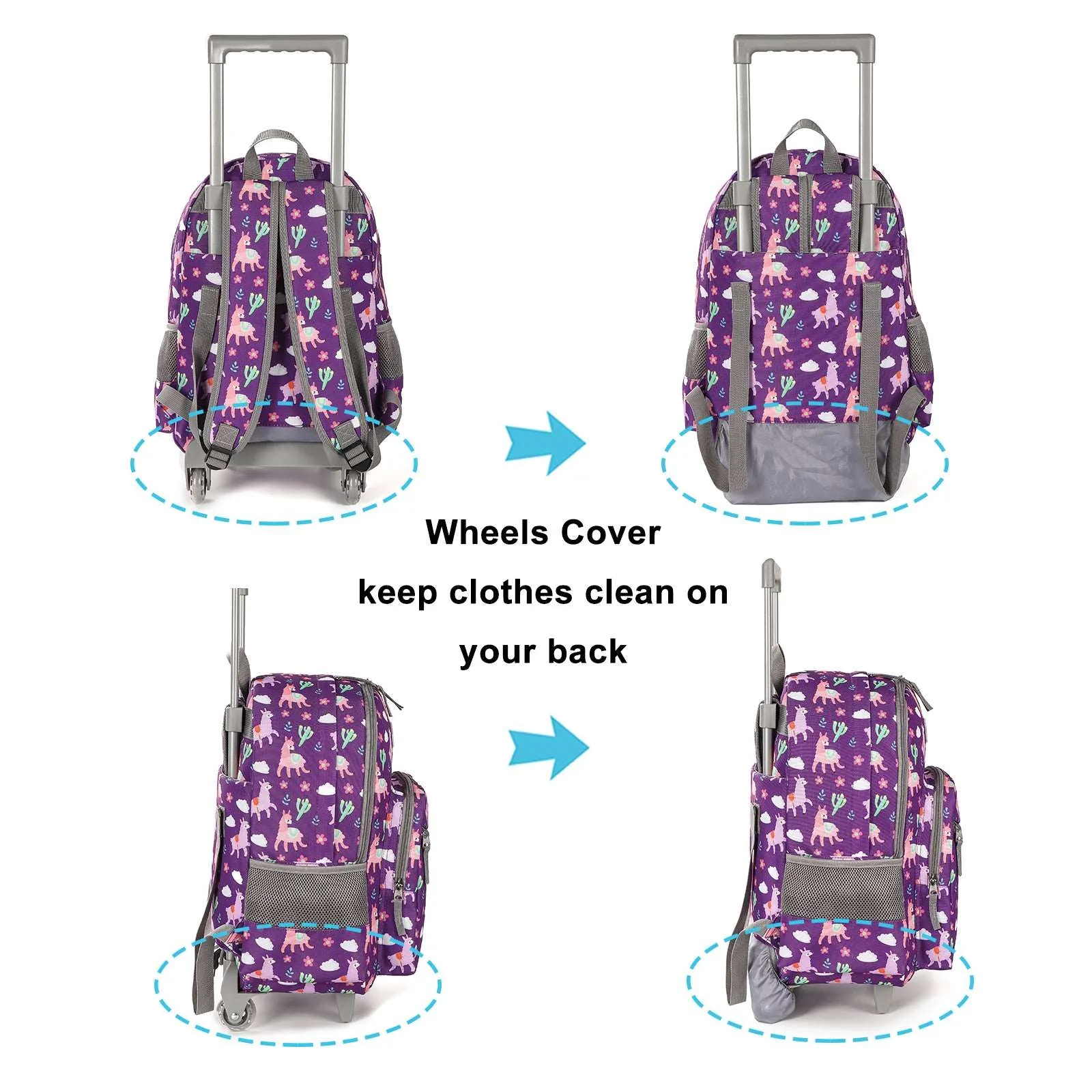 Tilami Purple Alpaca Rolling Backpack 18 inch with Lunch Bag