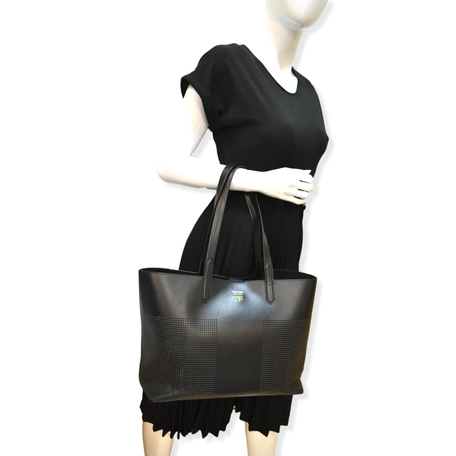TOM FORD East/West Graphic T Perforated Leather Tote Bag Black
