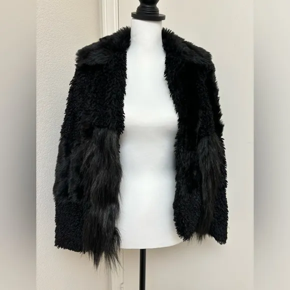 TopShop black faux fur coat‎ size 2 patchwork short